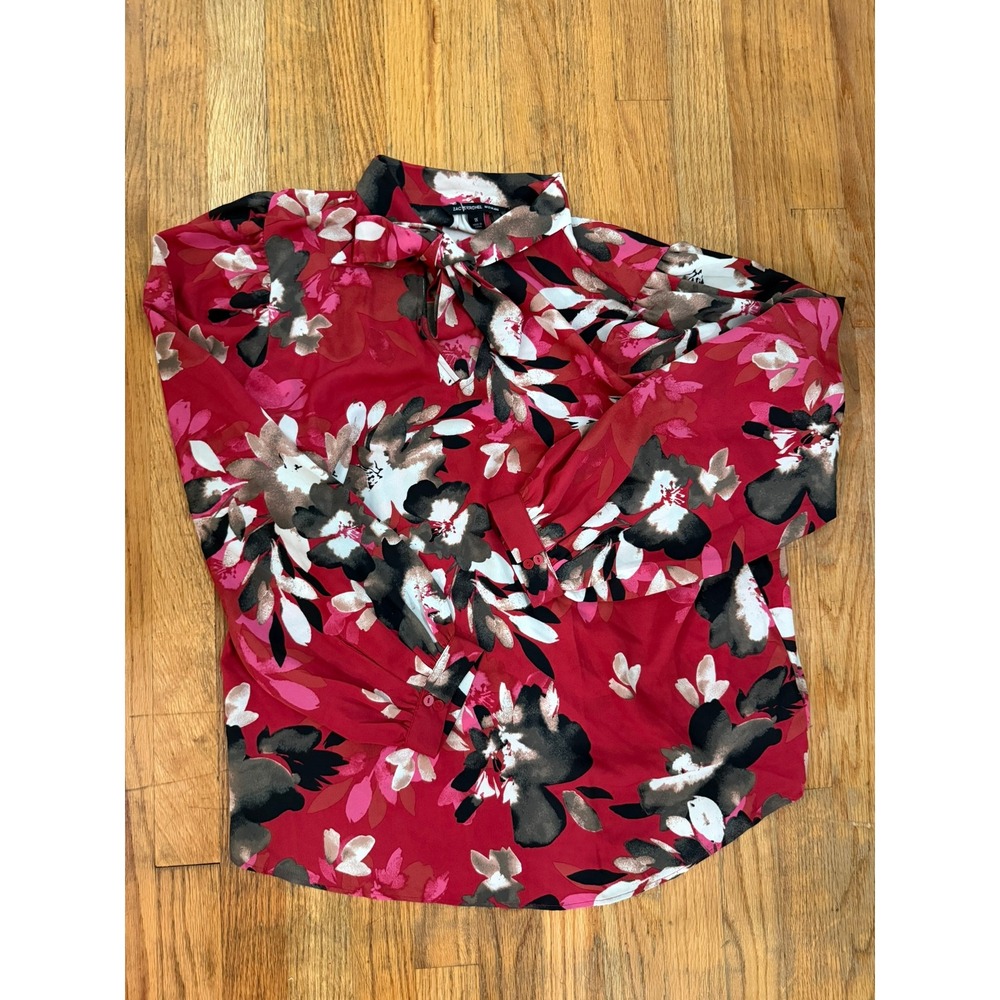 Zach and Rachel Woman Plus 1X Red Floral Tie-Neck Blouse Long Sleeve Office Boho